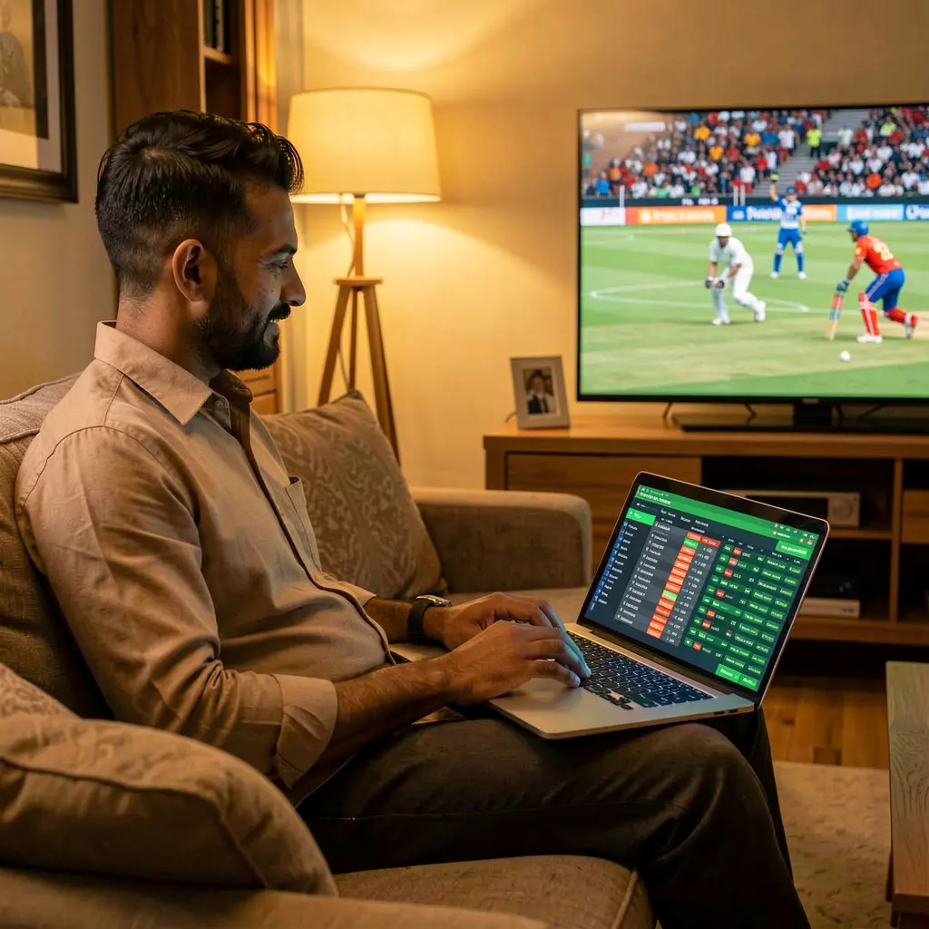 Focused Bangladeshi bettor placing live cricket bets on a laptop with 87OK while watching a match on TV in a comfortable evening setting