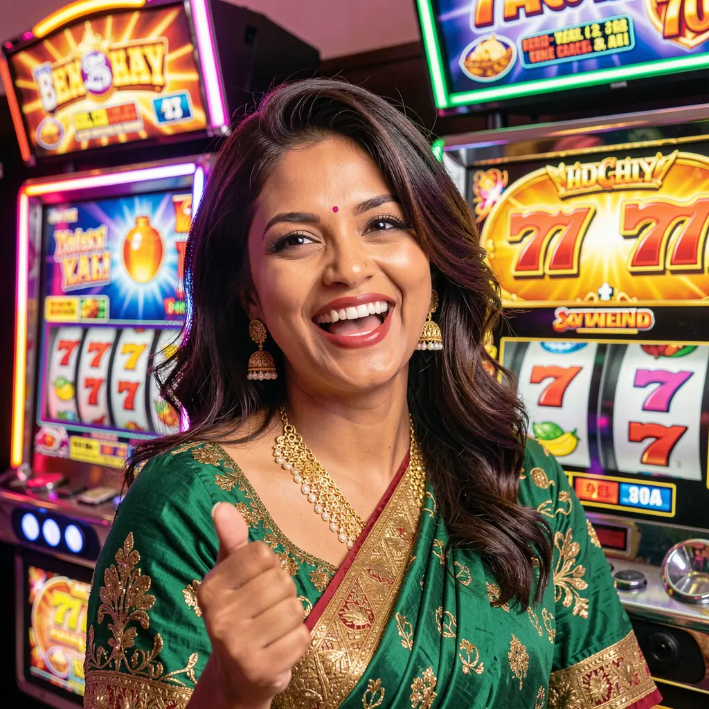 Elegant woman smiling with excitement inside a vibrant casino atmosphere with glowing slot machines and 777 symbols at 87OK showcasing premium online gaming for players in Bangladesh